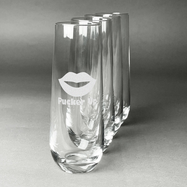 Custom Lips (Pucker Up) Champagne Flute - Stemless Engraved - Set of 4