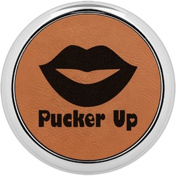 Lips (Pucker Up) Leatherette Round Coaster w/ Silver Edge