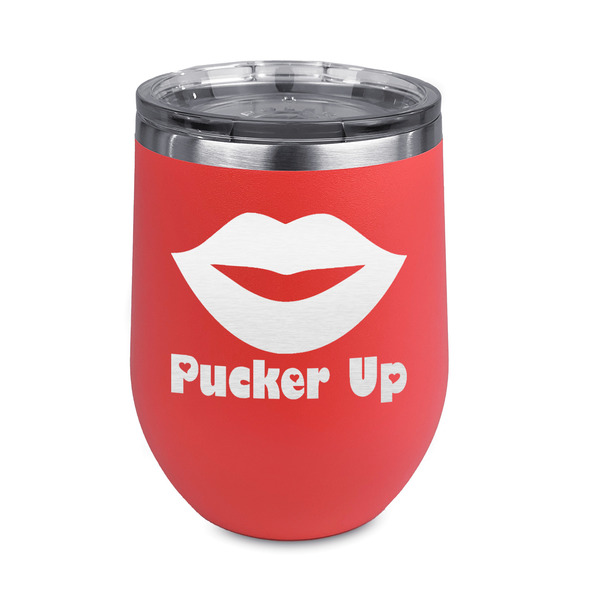 Custom Lips (Pucker Up) Stemless Stainless Steel Wine Tumbler - Coral - Double Sided