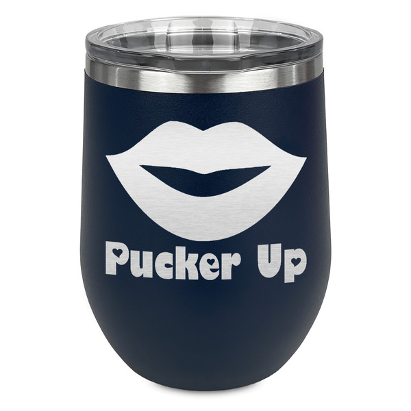 Custom Lips (Pucker Up) Stemless Stainless Steel Wine Tumbler - Navy - Double Sided