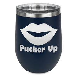 Lips (Pucker Up) Stemless Stainless Steel Wine Tumbler - Navy - Single Sided