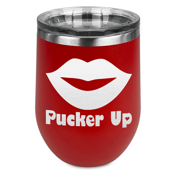 Custom Lips (Pucker Up) Stemless Stainless Steel Wine Tumbler - Red - Double Sided