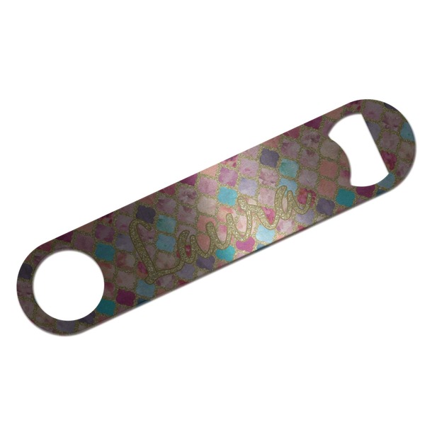 Custom Glitter Moroccan Watercolor Bar Bottle Opener - Silver