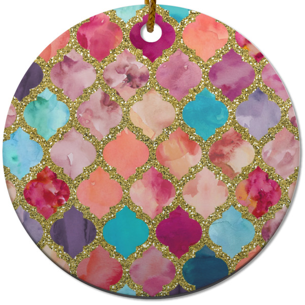 Custom Glitter Moroccan Watercolor Round Ceramic Ornament