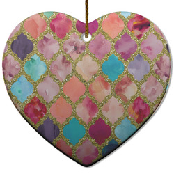 Glitter Moroccan Watercolor Heart Ceramic Ornament