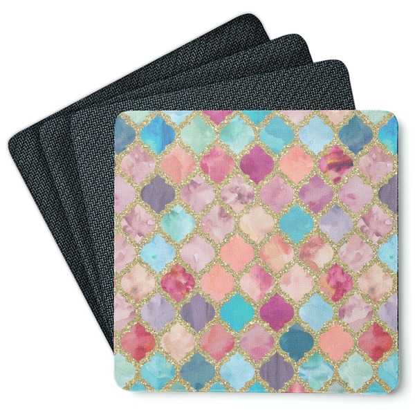 Custom Glitter Moroccan Watercolor Square Rubber Backed Coasters - Set of 4