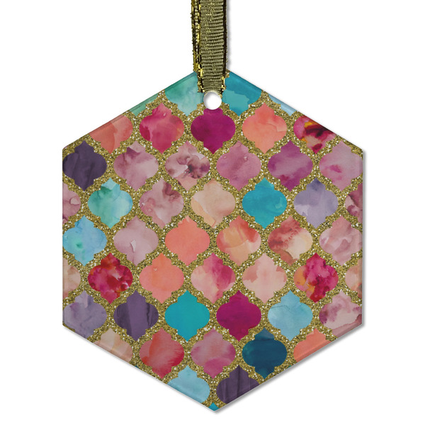 Custom Glitter Moroccan Watercolor Flat Glass Ornament - Hexagon