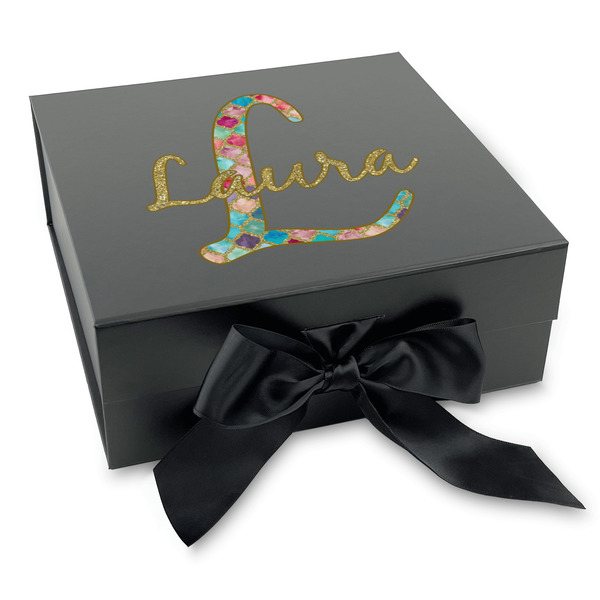 Custom Glitter Moroccan Watercolor Gift Box with Magnetic Lid - Black