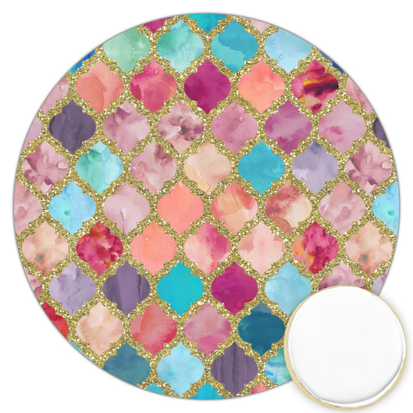 Custom Glitter Moroccan Watercolor Printed Cookie Topper - 3.25"