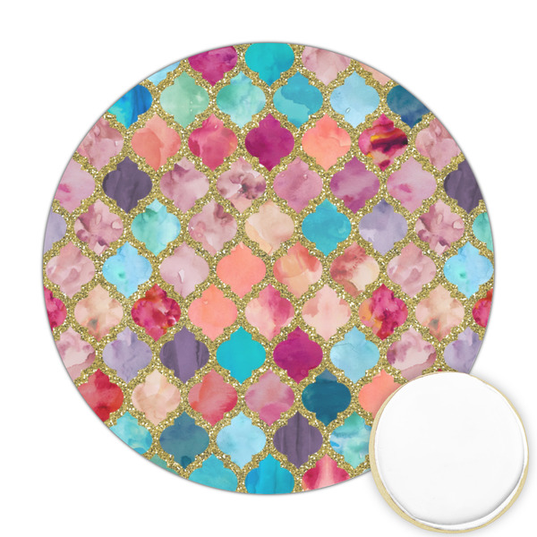 Custom Glitter Moroccan Watercolor Printed Cookie Topper - Round