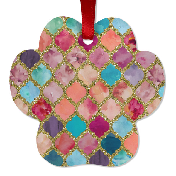 Custom Glitter Moroccan Watercolor Metal Paw Ornament - Double Sided