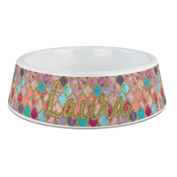 Custom Glitter Moroccan Watercolor Plastic Dog Bowl - Large