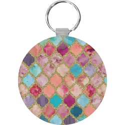 Glitter Moroccan Watercolor Round Plastic Keychain