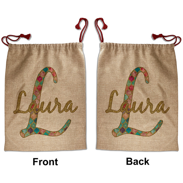 Custom Glitter Moroccan Watercolor Santa Sack - Front & Back