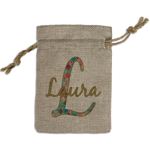 Custom Glitter Moroccan Watercolor Small Burlap Gift Bag - Front