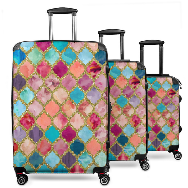 Custom Glitter Moroccan Watercolor 3 Piece Luggage Set - 20" Carry On, 24" Medium Checked, 28" Large Checked