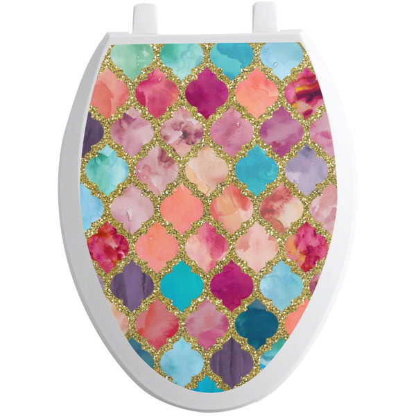 Custom Glitter Moroccan Watercolor Toilet Seat Decal - Elongated