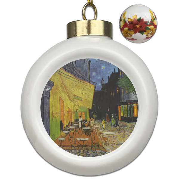 Custom Cafe Terrace at Night (Van Gogh 1888) Ceramic Ball Ornaments - Poinsettia Garland