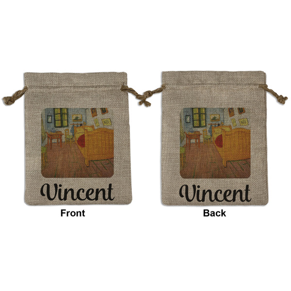 Custom The Bedroom in Arles (Van Gogh 1888) Medium Burlap Gift Bag - Front & Back