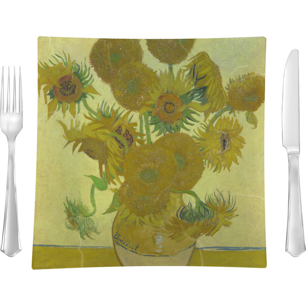 Custom Sunflowers (Van Gogh 1888) 9.5" Glass Square Lunch / Dinner Plate - Single or Set of 4