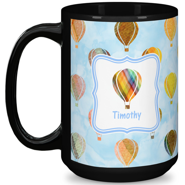 Custom Watercolor Hot Air Balloons 15 Oz Coffee Mug - Black (Personalized)