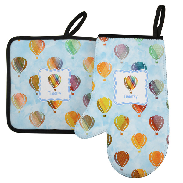 Custom Watercolor Hot Air Balloons Left Oven Mitt & Pot Holder Set w/ Name or Text