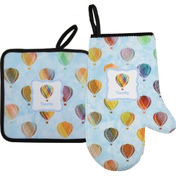 Watercolor Hot Air Balloons Right Oven Mitt & Pot Holder Set w/ Name or Text