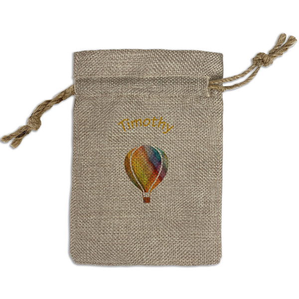 Custom Watercolor Hot Air Balloons Small Burlap Gift Bag - Front (Personalized)