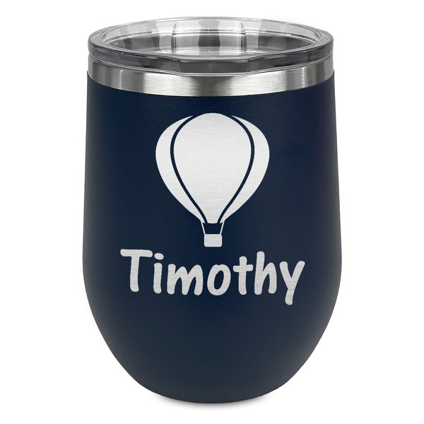 Custom Watercolor Hot Air Balloons Stemless Stainless Steel Wine Tumbler - Navy - Double Sided (Personalized)