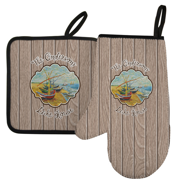 Custom Lake House Left Oven Mitt & Pot Holder Set w/ Name or Text