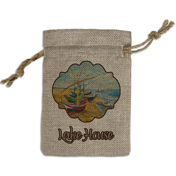 Custom Lake House Small Burlap Gift Bag - Front (Personalized)