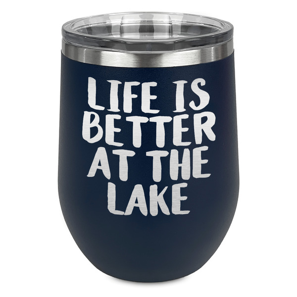 Custom Lake House Stemless Stainless Steel Wine Tumbler - Navy - Single Sided (Personalized)