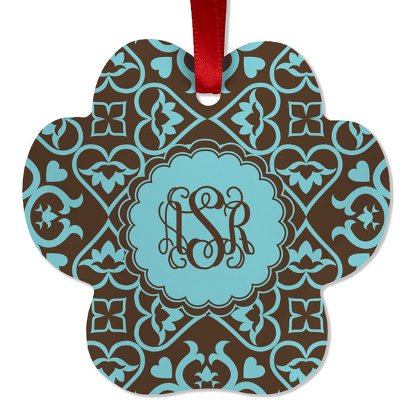 Custom Floral Metal Paw Ornament - Double Sided w/ Monogram