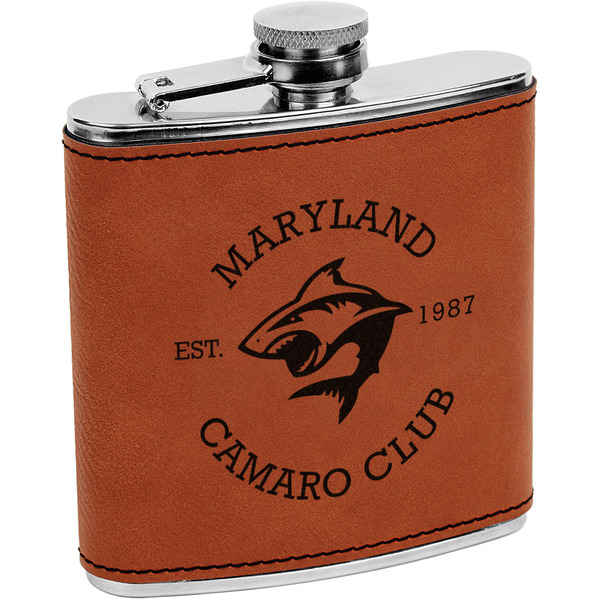 Custom Maryland Camaro Club Logo Leatherette Wrapped Stainless Steel Flask