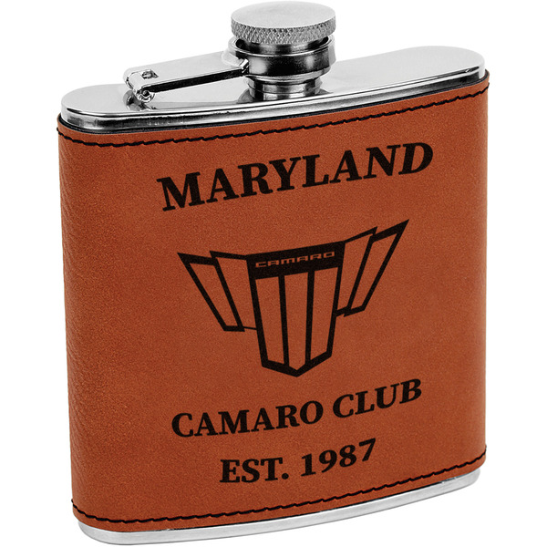 Custom Maryland Camaro Club Logo2 Leatherette Wrapped Stainless Steel Flask