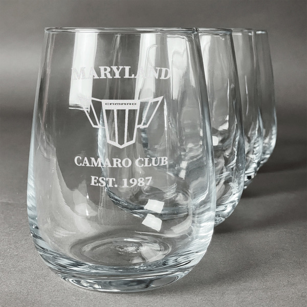 Custom Maryland Camaro Club Logo2 Stemless Wine Glasses - Laser Engraved- Set of 4