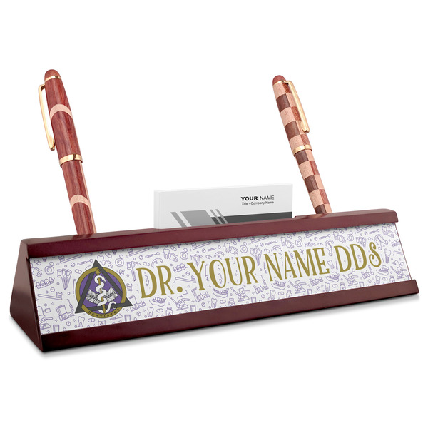 Custom Dental Insignia / Emblem Red Mahogany Nameplate with Business Card Holder (Personalized)