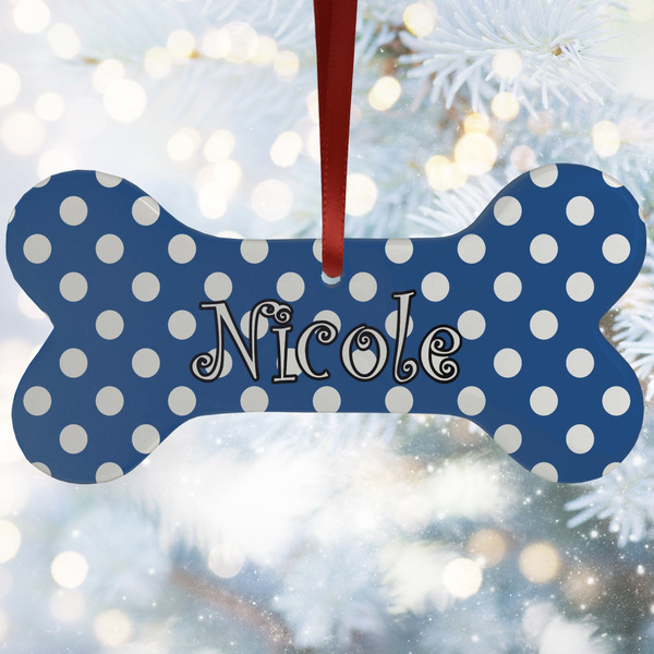 Custom Polka Dots Ceramic Dog Ornament w/ Initial