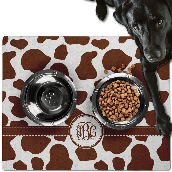 Custom Cow Print Dog Food Mat - Large w/ Monogram