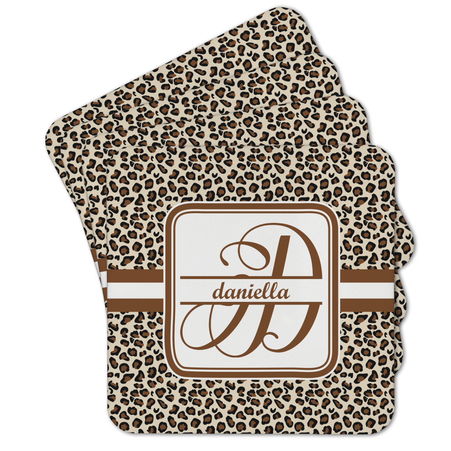 Custom Leopard Print Cork Coaster Set of 4 w Name and Initial