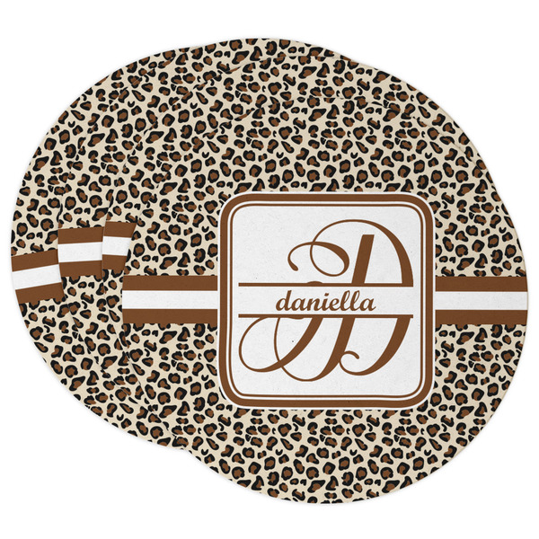 Custom Leopard Print Round Paper Coasters w/ Name and Initial