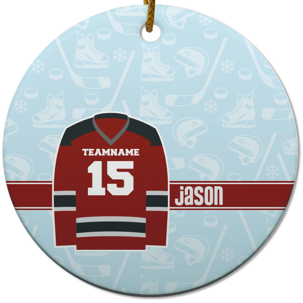 Custom Hockey Round Ceramic Ornament w/ Name and Number