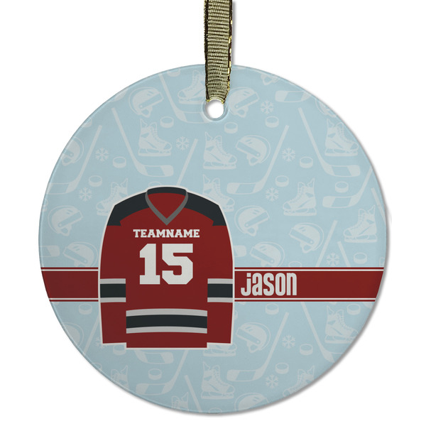 Custom Hockey Flat Glass Ornament - Round w/ Name and Number