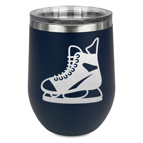 Custom Hockey Stemless Stainless Steel Wine Tumbler - Navy - Double Sided (Personalized)