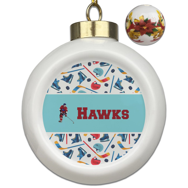 Custom Hockey 2 Ceramic Ball Ornaments - Poinsettia Garland (Personalized)