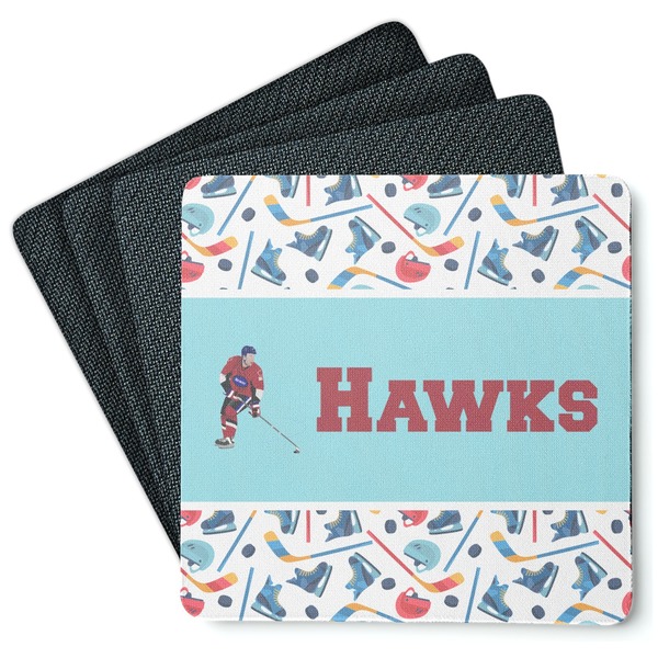 Custom Hockey 2 Square Rubber Backed Coasters - Set of 4 (Personalized)