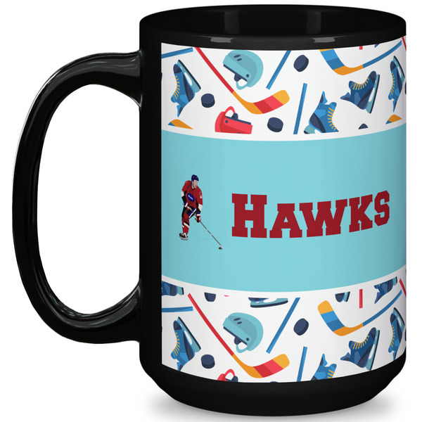 Custom Hockey 2 15 Oz Coffee Mug - Black (Personalized)