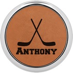 Hockey 2 Leatherette Round Coaster w/ Silver Edge (Personalized)