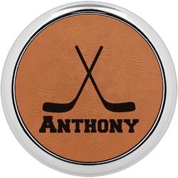 Hockey 2 Set of 4 Leatherette Round Coasters w/ Silver Edge (Personalized)