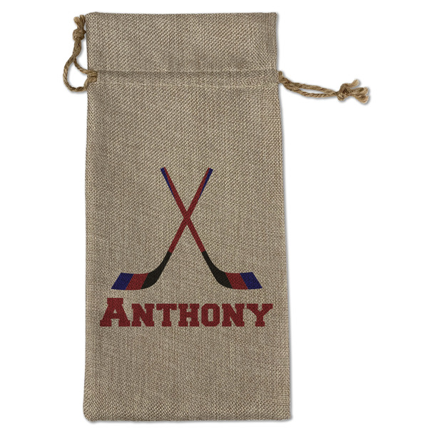 Custom Hockey 2 Large Burlap Gift Bag - Front (Personalized)